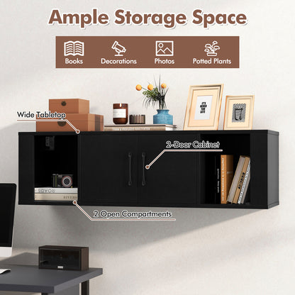 Modern Wall Mounted Storage Hutch with Dual Doors and Open Compartments - Black