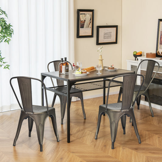 Set of 4 Stackable Metal Dining Chairs with Ergonomic Backrest - Gunmetal