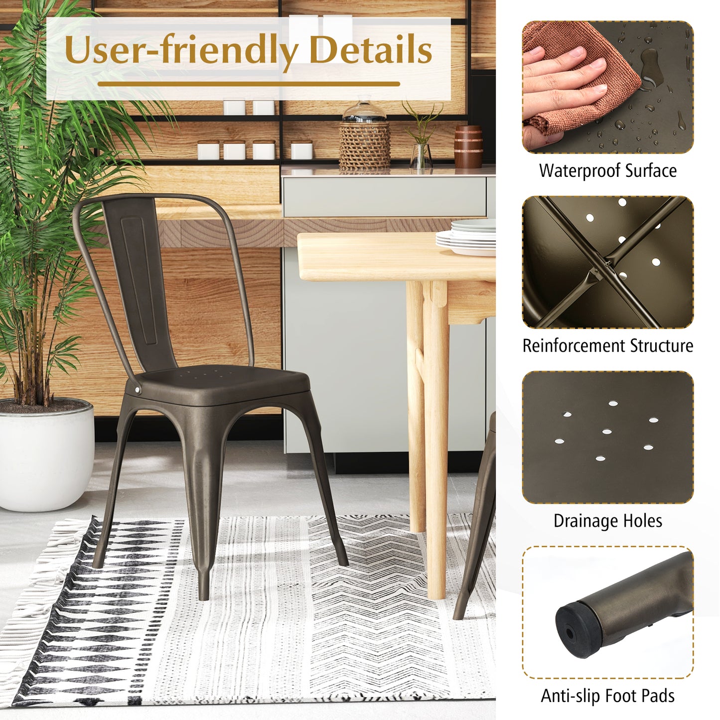 Set of 4 Stackable Metal Dining Chairs with Ergonomic Backrest - Gunmetal