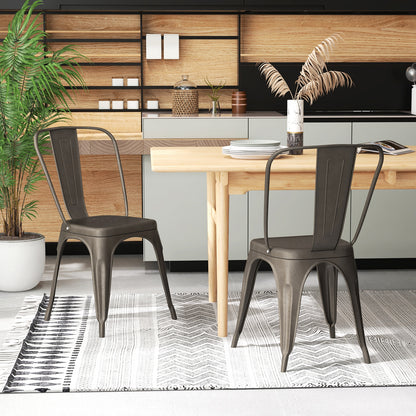 Set of 4 Stackable Metal Dining Chairs with Ergonomic Backrest - Gunmetal