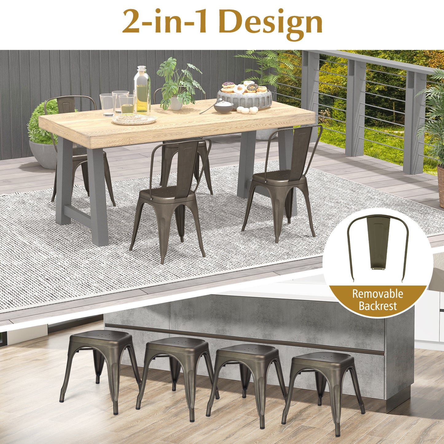 Set of 4 Stackable Metal Dining Chairs with Ergonomic Backrest - Gunmetal