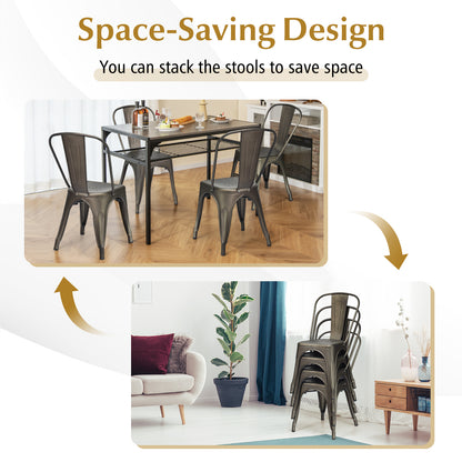 Set of 4 Stackable Metal Dining Chairs with Ergonomic Backrest - Gunmetal