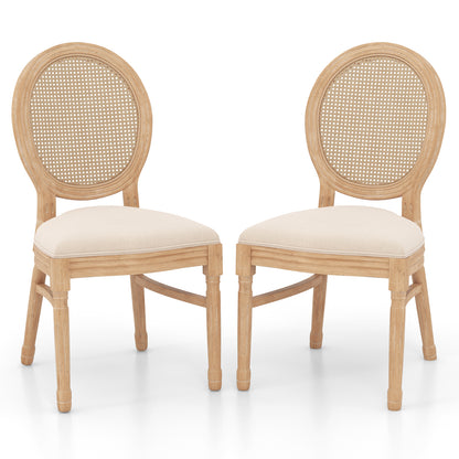 French Style Dining Chair Set of 2 with Hand-Woven Rattan Backrest and Solid Rubber Wood Frame