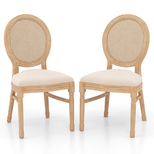 French Style Dining Chair Set of 2 with Hand-Woven Rattan Backrest and Solid Rubber Wood Frame
