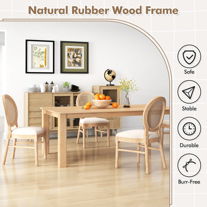 French Style Dining Chair Set of 2 with Hand-Woven Rattan Backrest and Solid Rubber Wood Frame