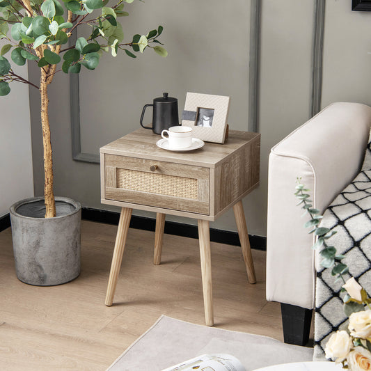 Natural Wood Nightstand with Rattan Drawer and Tapered Legs for Modern Interiors