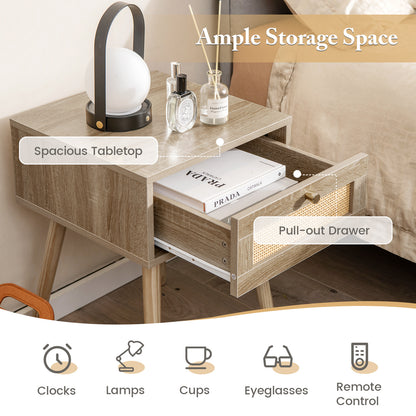 Natural Wood Nightstand with Rattan Drawer and Tapered Legs for Modern Interiors