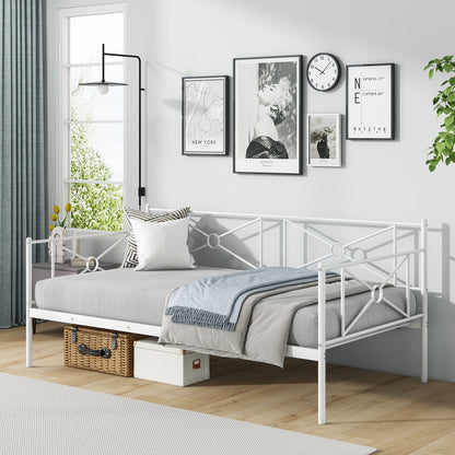 Twin Size Metal Daybed Frame with Steel Slats and Decorative Headboard for Sofa or Guest Bed Use – White