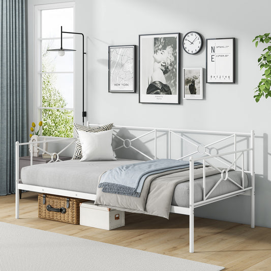 Twin Size Metal Daybed Frame with Steel Slats and Decorative Headboard for Sofa or Guest Bed Use – White