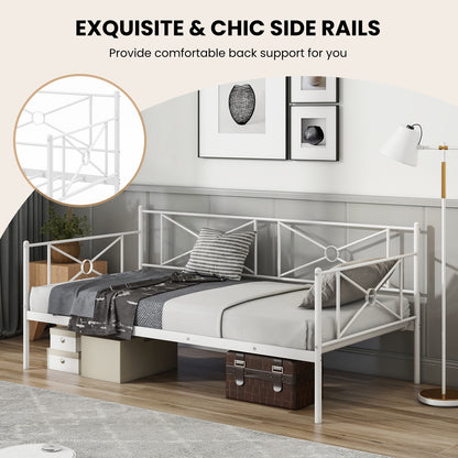 Twin Size Metal Daybed Frame with Steel Slats and Decorative Headboard for Sofa or Guest Bed Use – White