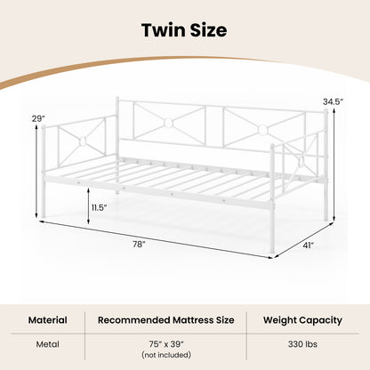 Twin Size Metal Daybed Frame with Steel Slats and Decorative Headboard for Sofa or Guest Bed Use – White