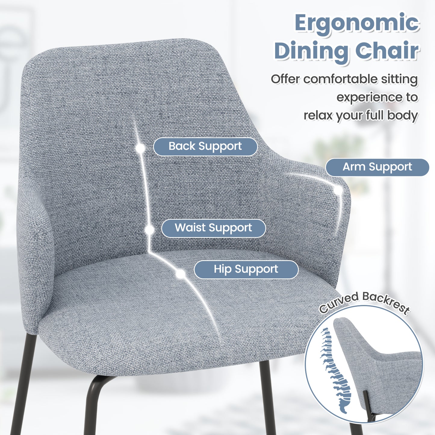 Ergonomic Dining Chairs with Curved Backrest, Wide Seat and Armrests in Grey – Set of 2