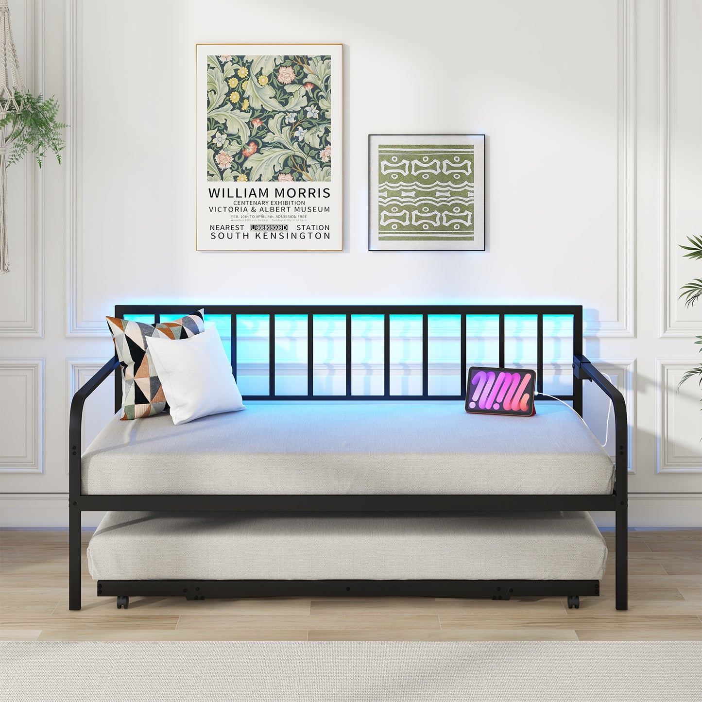 Twin Metal Daybed with Pop-Up Trundle, LED Lights and Built-In Charging Station