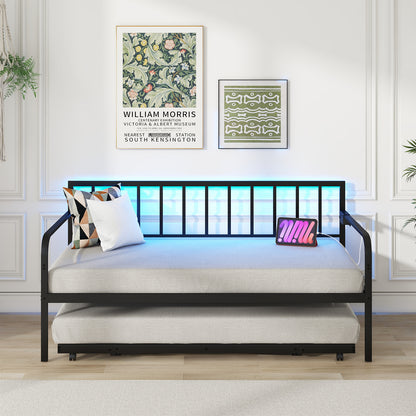 Twin Metal Daybed with Pop-Up Trundle, LED Lights and Built-In Charging Station