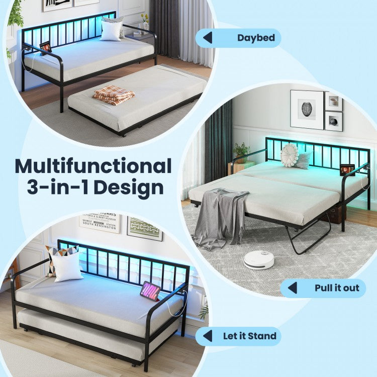 Twin Metal Daybed with Pop-Up Trundle, LED Lights and Built-In Charging Station