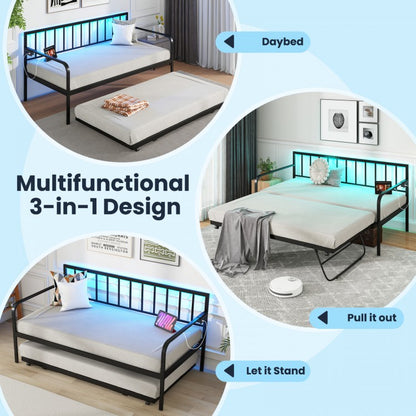 Twin Metal Daybed with Pop-Up Trundle, LED Lights and Built-In Charging Station