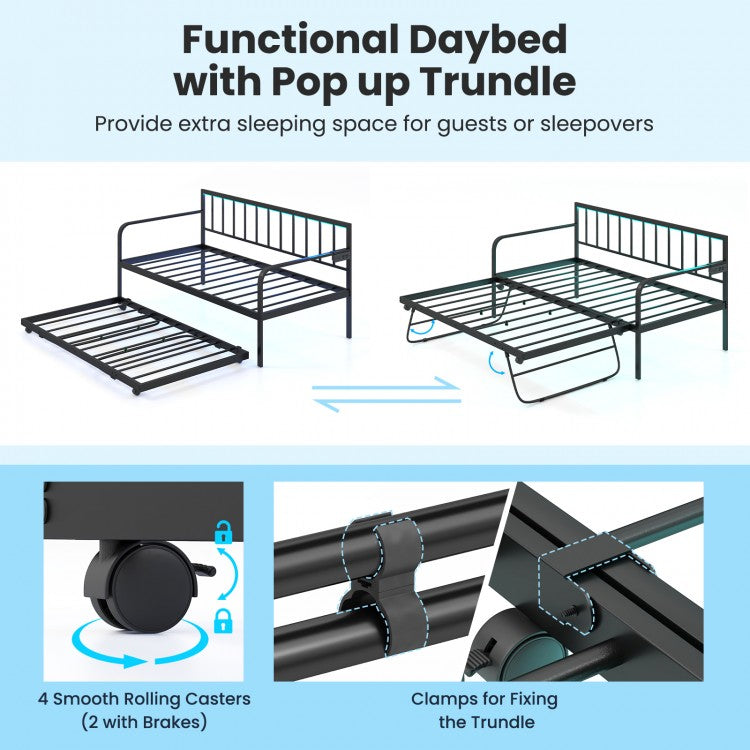 Twin Metal Daybed with Pop-Up Trundle, LED Lights and Built-In Charging Station