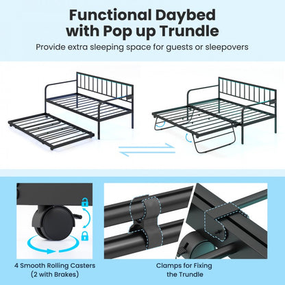 Twin Metal Daybed with Pop-Up Trundle, LED Lights and Built-In Charging Station