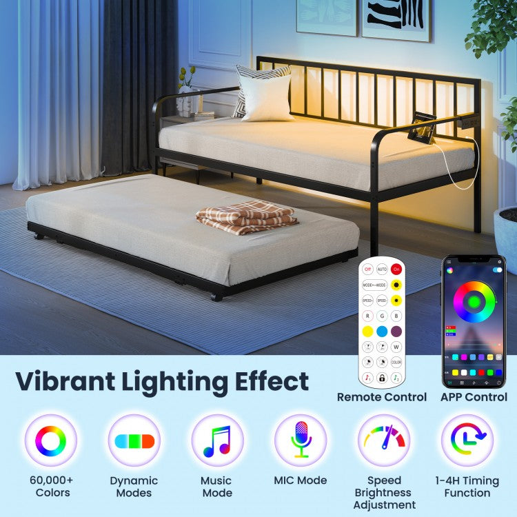 Twin Metal Daybed with Pop-Up Trundle, LED Lights and Built-In Charging Station