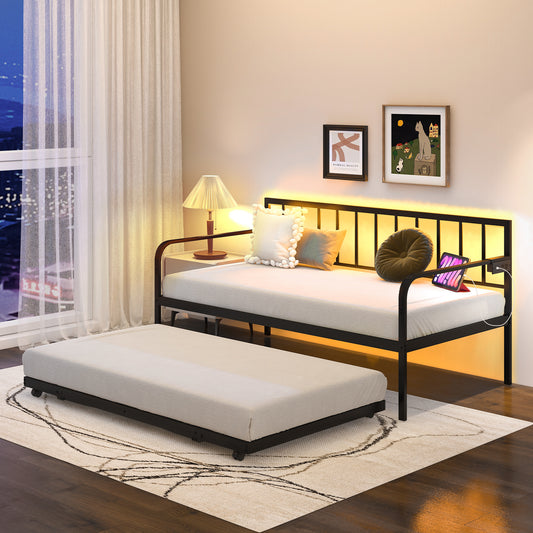 Twin Metal Daybed with Pop-Up Trundle, LED Lights and Built-In Charging Station
