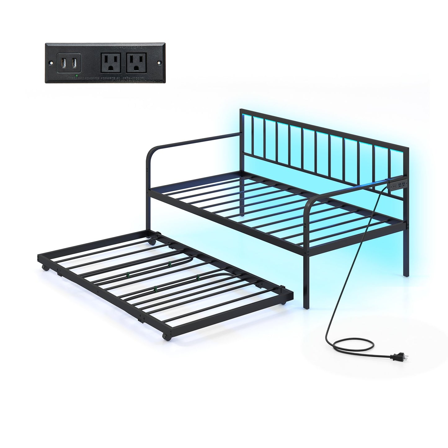 Twin Metal Daybed with Pop-Up Trundle, LED Lights and Built-In Charging Station