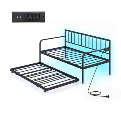 Twin Metal Daybed with Pop-Up Trundle, LED Lights and Built-In Charging Station