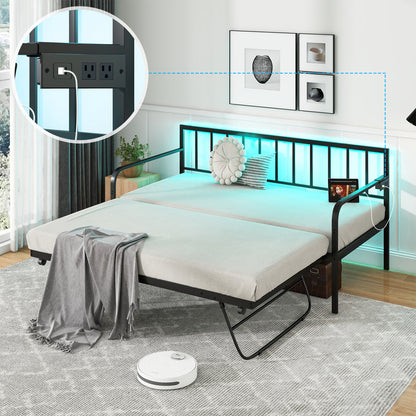 Twin Metal Daybed with Pop-Up Trundle, LED Lights and Built-In Charging Station