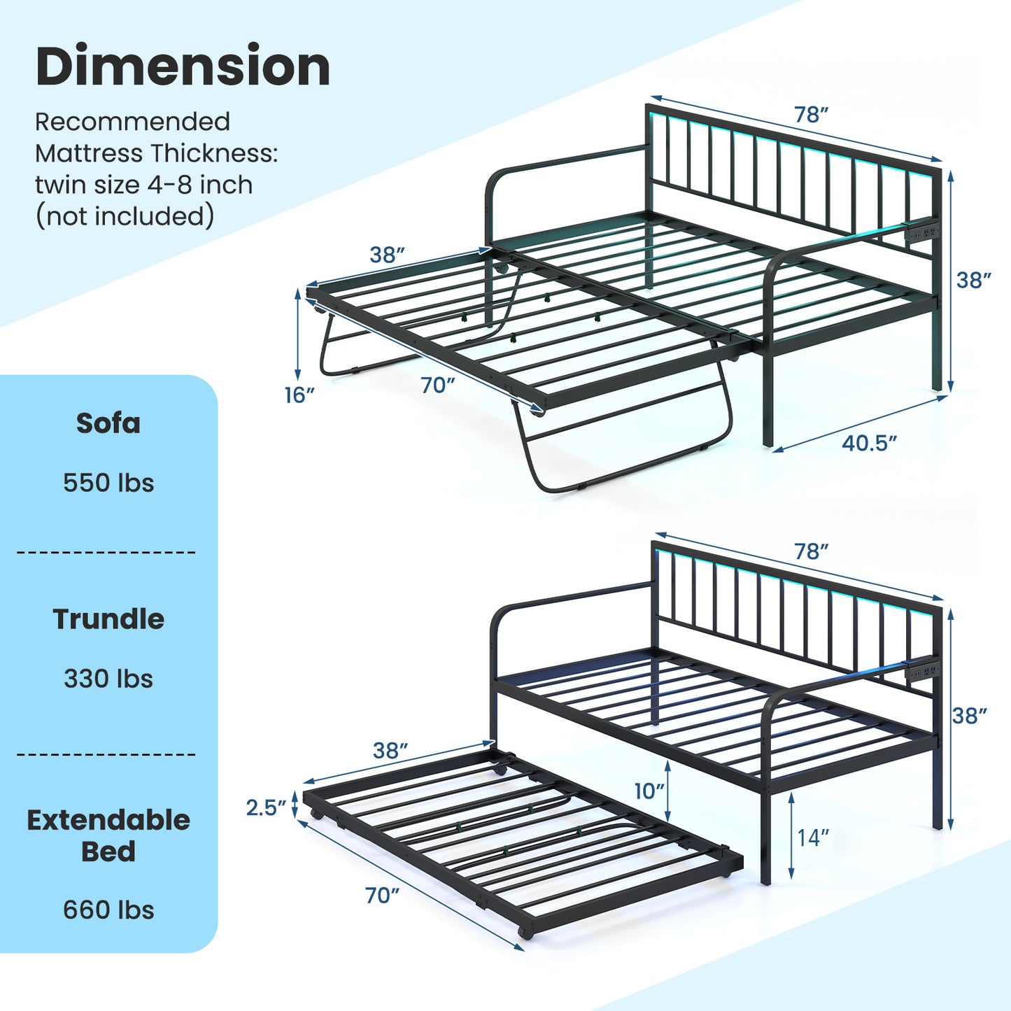 Twin Metal Daybed with Pop-Up Trundle, LED Lights and Built-In Charging Station