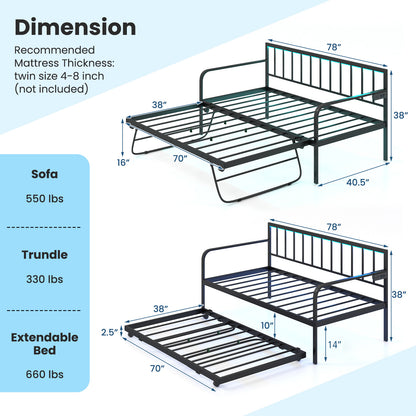 Twin Metal Daybed with Pop-Up Trundle, LED Lights and Built-In Charging Station