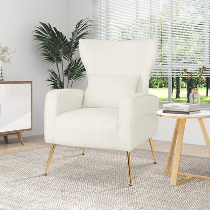 Contemporary Velvet Accent Chair with Winged Backrest and Gold Legs in White