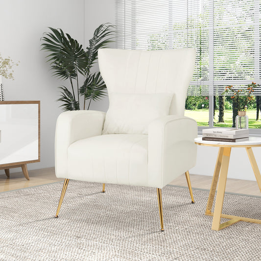 Contemporary Velvet Accent Chair with Winged Backrest and Gold Legs in White