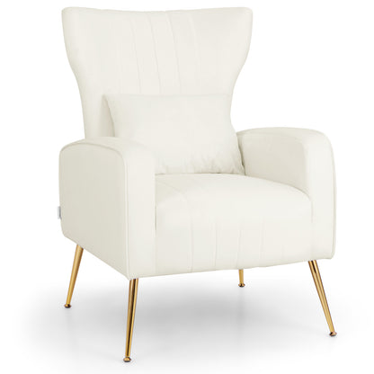 Contemporary Velvet Accent Chair with Winged Backrest and Gold Legs in White