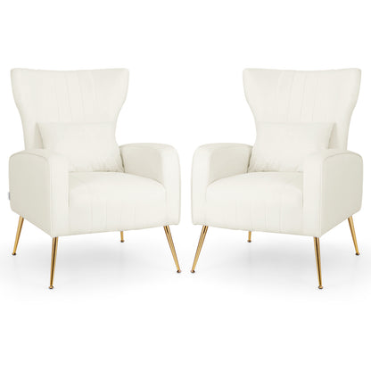 Contemporary Velvet Accent Chair with Winged Backrest and Gold Legs in White