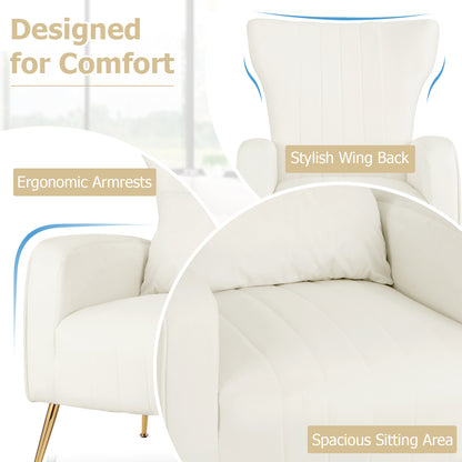 Contemporary Velvet Accent Chair with Winged Backrest and Gold Legs in White