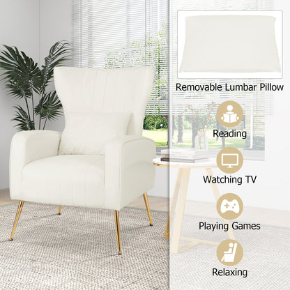 Contemporary Velvet Accent Chair with Winged Backrest and Gold Legs in White