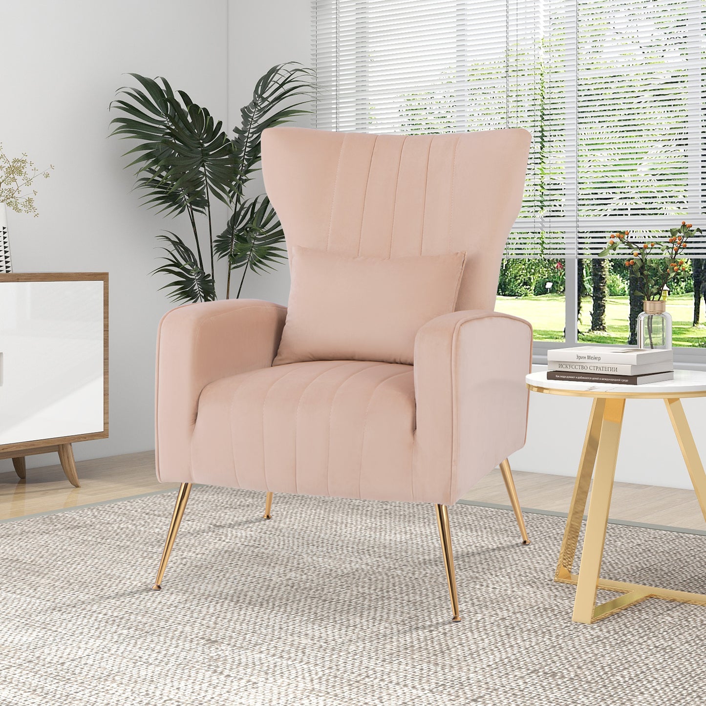 Contemporary Velvet Accent Chair with Winged Backrest and Gold Legs in Pink