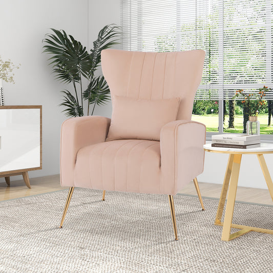 Contemporary Velvet Accent Chair with Winged Backrest and Gold Legs in Pink