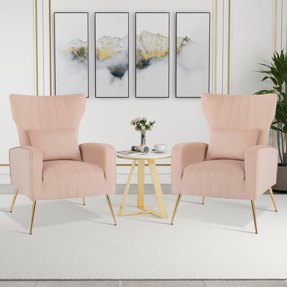 Contemporary Velvet Accent Chair with Winged Backrest and Gold Legs in Pink