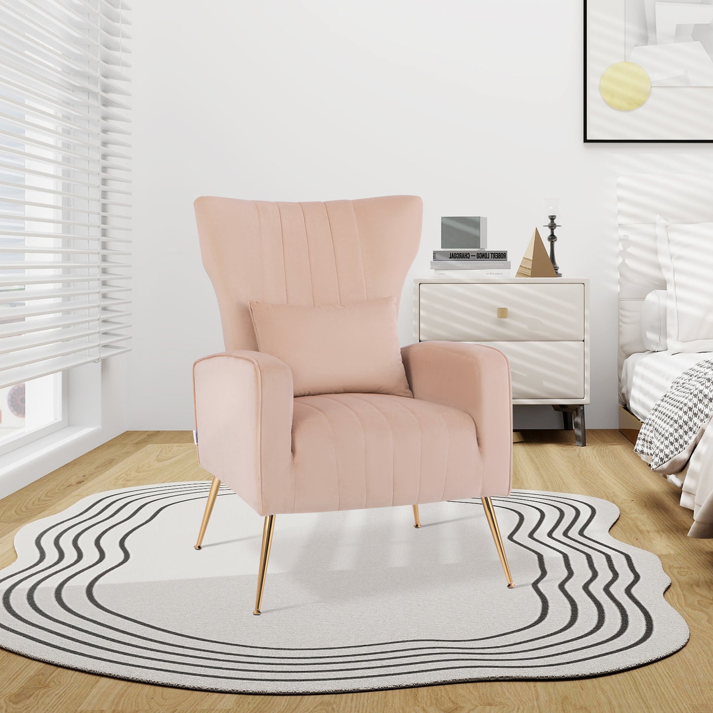 Contemporary Velvet Accent Chair with Winged Backrest and Gold Legs in Pink