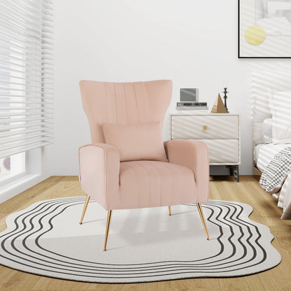 Contemporary Velvet Accent Chair with Winged Backrest and Gold Legs in Pink
