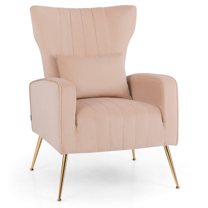 Contemporary Velvet Accent Chair with Winged Backrest and Gold Legs in Pink