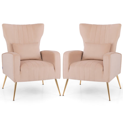Contemporary Velvet Accent Chair with Winged Backrest and Gold Legs in Pink
