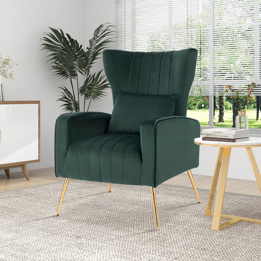 Contemporary Velvet Accent Chair with Winged Backrest and Gold Legs in Dark Green