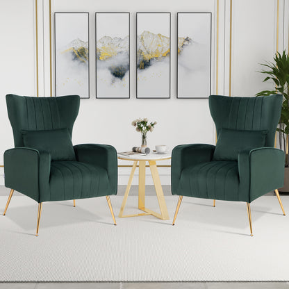 Contemporary Velvet Accent Chair with Winged Backrest and Gold Legs in Dark Green