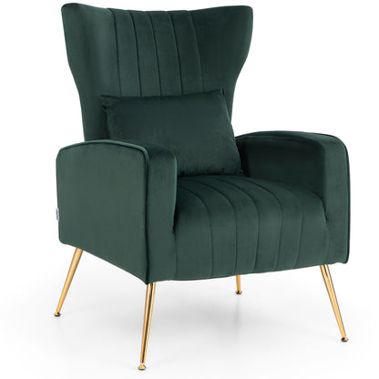 Contemporary Velvet Accent Chair with Winged Backrest and Gold Legs in Dark Green