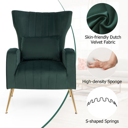 Contemporary Velvet Accent Chair with Winged Backrest and Gold Legs in Dark Green