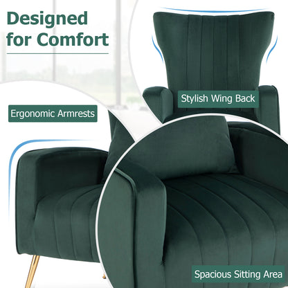 Contemporary Velvet Accent Chair with Winged Backrest and Gold Legs in Dark Green
