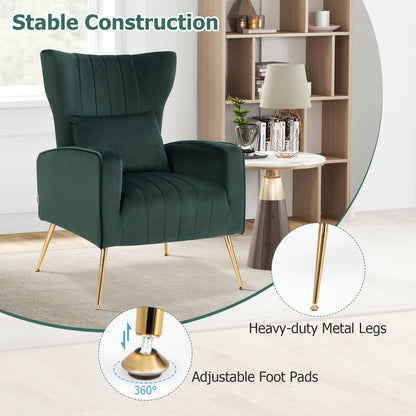 Contemporary Velvet Accent Chair with Winged Backrest and Gold Legs in Dark Green