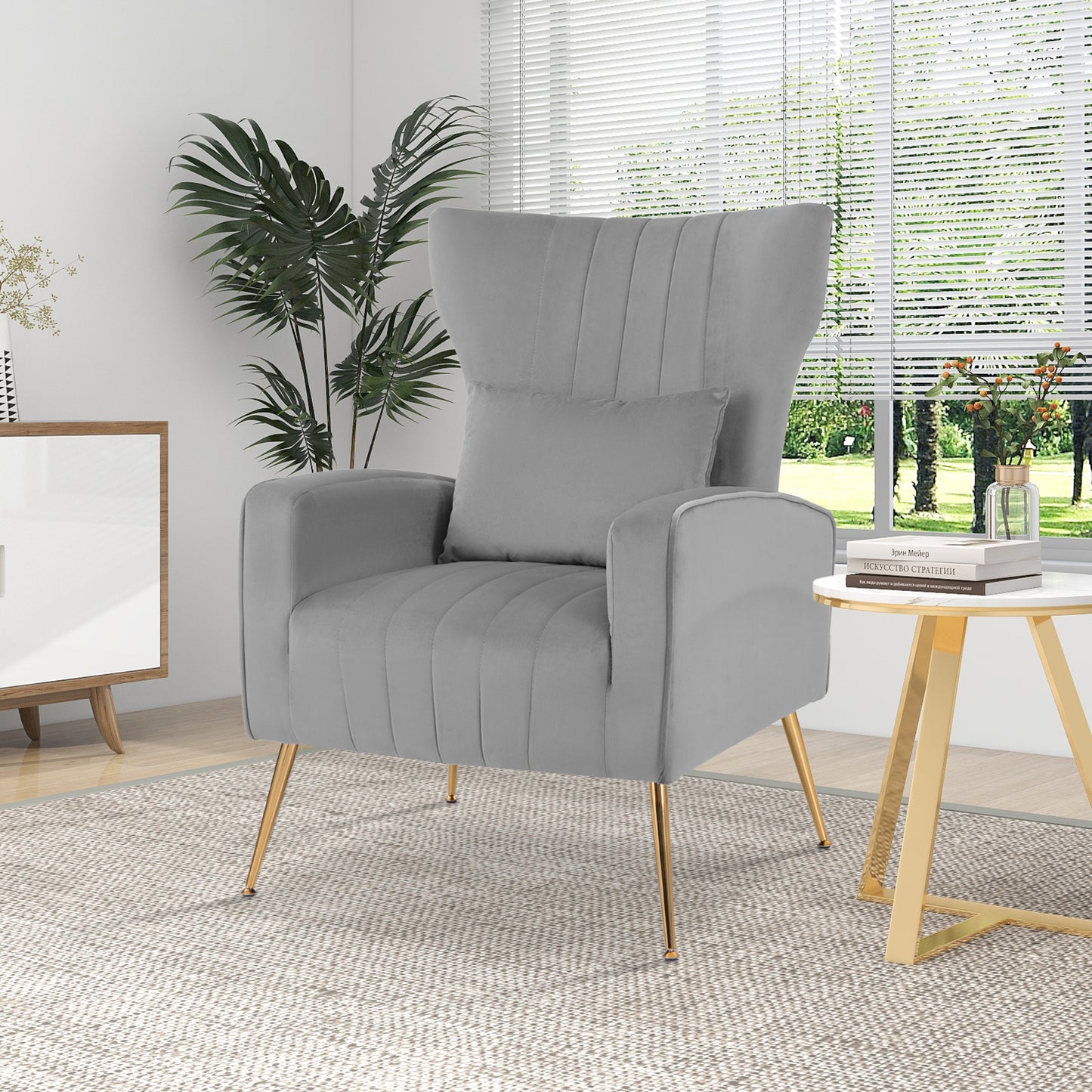 Contemporary Velvet Accent Chair with Winged Backrest and Gold Legs in Grey