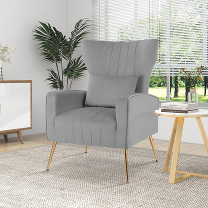 Contemporary Velvet Accent Chair with Winged Backrest and Gold Legs in Grey